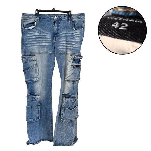 Men’s 42 Blue Denim Cargo Jeans Multi-Pocket Bootcut Bell Bottom Style - Picture 1 of 4